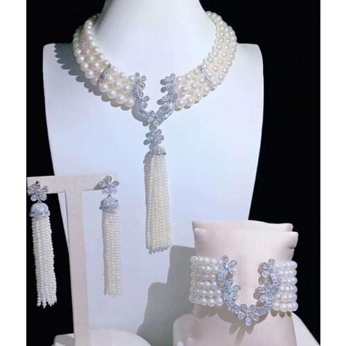 Hand knotted 3-4mm 5-6mm 8-9mm natural white pearl zircon clasp accessory necklace bracelet earrings set fashion jewelry