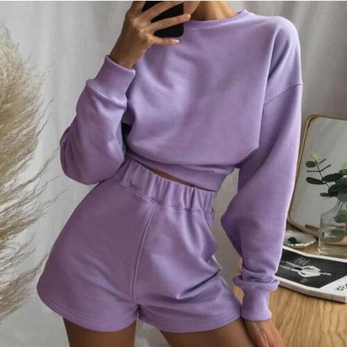 Fall O-neck Top with Shorts Set Womens High Waist Long Sleeves Sexy Sweatshirt Streetwear Ladies Casual Clothing Female Suit
