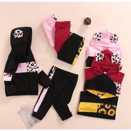 FOCUSNORM 4 Colors Infant Baby Girls Boys Clothes Sets 2pcs Leopard Patchwork Long Sleeve Hooded Pullover Tops Pants 0-24M