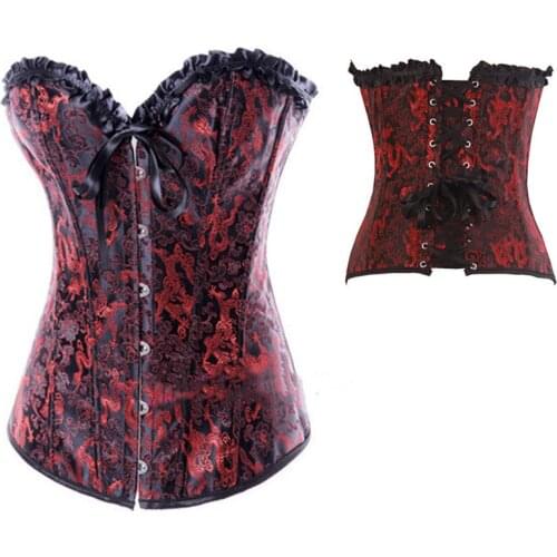 Red Black Sexy Overbust Corsets and Bustiers Women Sexy Lace Ruffle Buckle Corsets Lingerie Vintage Jacquard Brocade Corselet