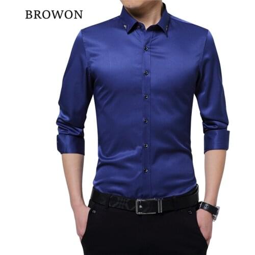 BROWON Brand Silky Formal Shirt Men Classic Business Long Sleeve Solid Color Embroidery Collar Slim Fit Shirt Brand-clothing
