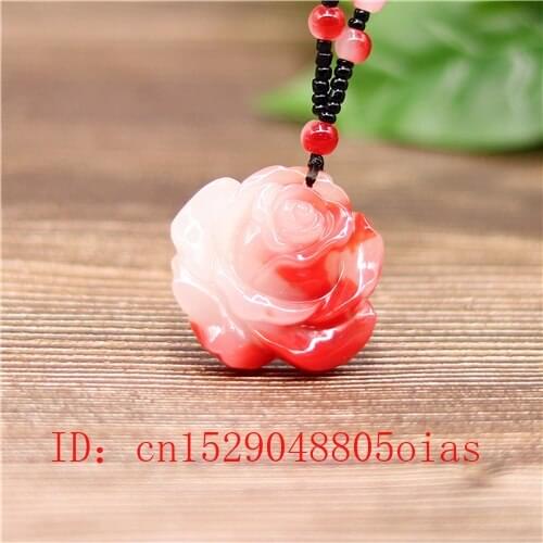 Natural Red White Chinese Jade Rose Flower Pendant Beads Necklace Charm Jadeite Jewellery Fashion Carved Amulet Gifts for Women