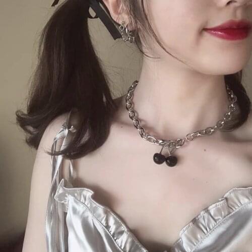 New Karajuku Punk Sweet Cherry Necklaces Gothic Silver Color Metal Choker For Women Girls Pendant Chain Party Jewelry Gifts