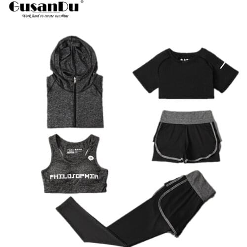 Yoga Clothes Breathable Quick-drying Hooded Jacket Vest And Trousers Five-piece Suit Quick-drying Fitness Sweat Five-Piece Suit