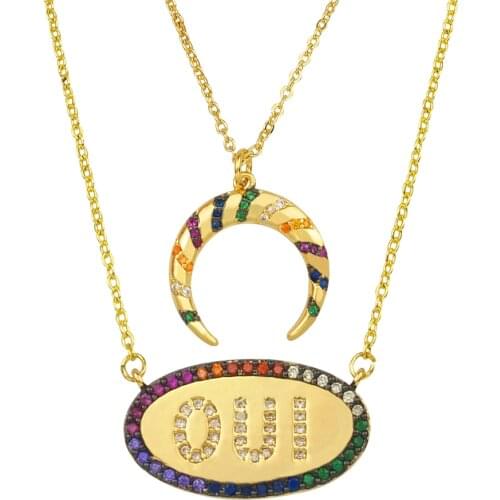 Raibow Crescent Horn Necklace for Women Statement Jewelry Gifts Colorful CZ Stone Oval OUI Letters Necklaces collier de mode