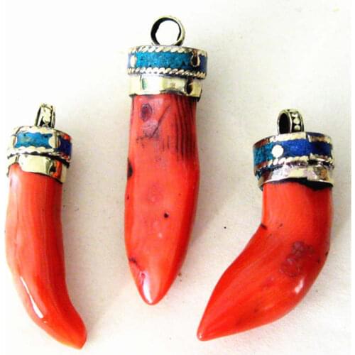 TBP635 Nepal Brass Capped Bamboo Dyed Red Coral Nuggets Amulet Pendants