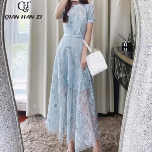 Qian Han Zi designer summer fashion dress Womens bow collar vintage Hollow applique elegant mesh Embroidered midi dress