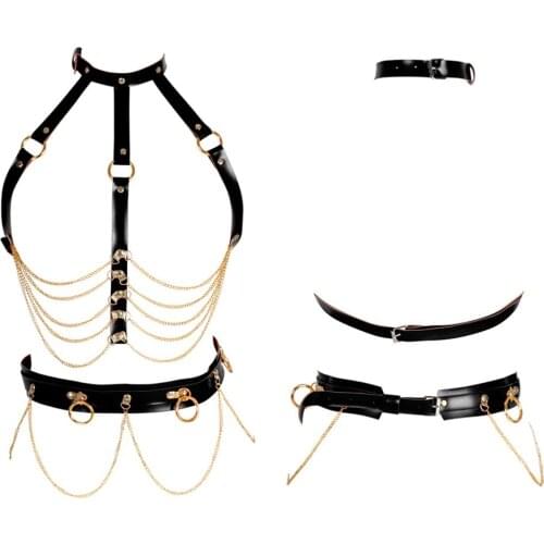 Gothic Punk Gold Chain Leather Harness Bra Bondage Top Waist Belt Pole Dance Rave Cage Suspender Lingerie Set Women Body Strap
