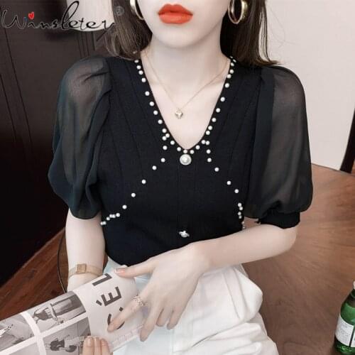 Summer 2021 Knitted T-shirt Women V-neck Pearl Beading Chiffon Patchwork Knitwear Stretchy Casual Tops Tees Puff Sleeve T17614A