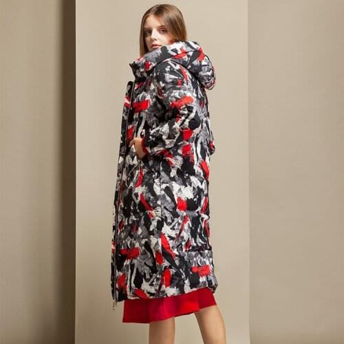 2019 new camouflage printed womens down jacket 90 white duck down casual hooded medium length down jacket for women