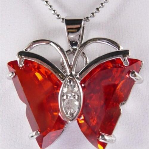 Womens fashion silver plated metal accessories + wine red zircon Butterfly Pendant Necklace