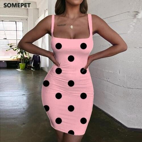 SOMEPET Colorful Dress Women Dots Bodycon Dress Pink Sundress Harajuku Halter Sleeveless Womens Clothing Summer Vintage Beach