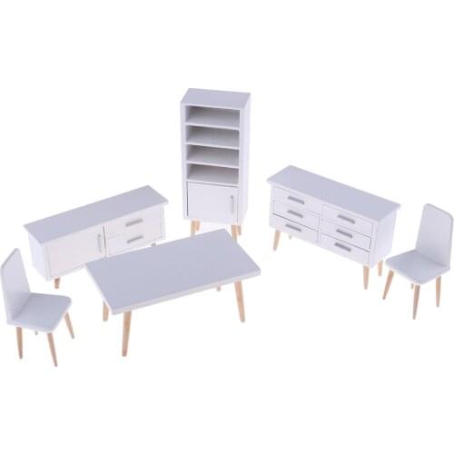 1:12 Wooden Dollhouse Miniature Kitchen Furniture and Accessories, 6pcs (1 Table, 2 Chairs, 2 Cabinet, 1 Bookshelf)