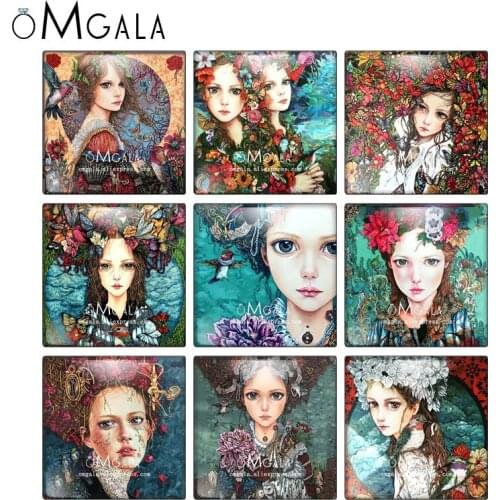 Beautiful Girls with Flowers Art Paintings 10pcs Mixed 12mm/20mm/25mm/30mm photo glass cabochon demo flat back Making findings