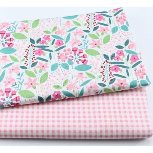 Pink Floral Plaid Pattern 100% Cotton Twill Fabric, Sewing Quilting Sunhat Sleeping Bag For Baby Child DIY Handmade Cloth