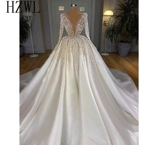 2020 Turkish Beaded Crystal White Satin Wedding Dresses Dubai Arabic Long Sleeve Bridal Gowns Bride Dress Middle East