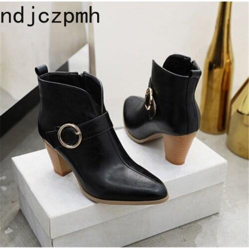 Ankle Boots Autumn and Winter The New Fashion Pointed Zipper Belt Buckle High Heel 7.5cm Short Tube Womens Shoes Size 34-47