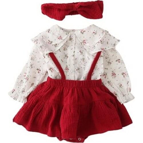 Newborn Baby Girl Valentines Day Ruffle Solid Suspender Skirt Romper Outfits With Headband Red Color New Born Party Clothing