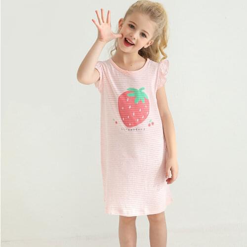 Children Breathable Slub Cotton Girls Nightdress Teens Cartoon Strawberry Lotus Short Sleeve Casual Sleepdress Kids Homeclothes