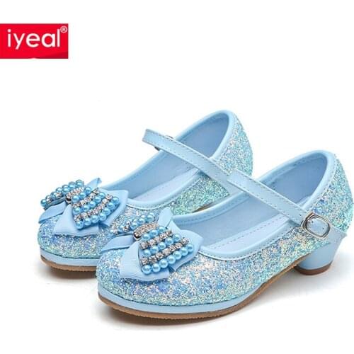 IYEAL Children Shoes for Girls Princess Party Leather Shoes Flower Girl Kids Pearl Bow Rhinestones Shoes Match Dresses