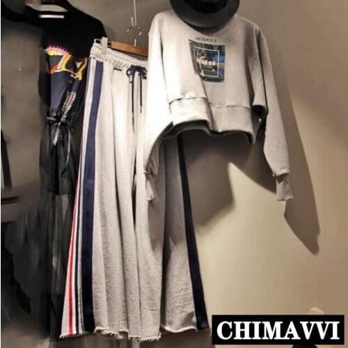 New Fashion Autumn Women Casual Long Sleeve Print Cropped Hoodie Tops + Wide Leg Pants Two-piece Girls Pants Set Sports Suit