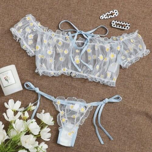 2Pcs Women Lingerie Suit Sexy Sheer Floral Printing Off-Shoulder Crop Top + Tie-Waist Thong-Panty