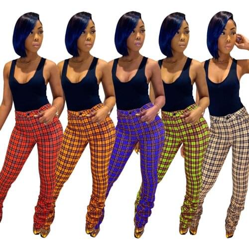 Stacked Leggings Women Casual Plaid Flared Slim High Waist Trousers for Women Bell Bottom 5 Colors Pants Female Jogging Pants