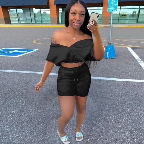 Hot Sale Solid Color V-neck Sports Pocket Suit for Women Sexy Off Shoulder V Neck Sleeveless Crop Top and Drawsting Biker Short