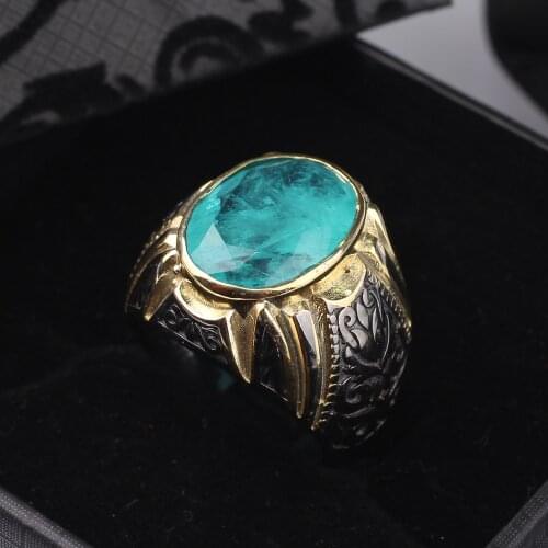 Handmade Mens Silver Light Blue Paraiba Tourmaline Ring, 18 K Gold Man 925 Silver Ring, Silver Handmade Oval Tourmaline Ring