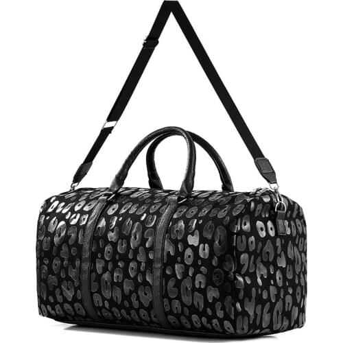 New Fashion Black Leopard women Duffle Bag Ladies Large Capacity Cow Overnight Weekend Tote Ladies Shoulder Bag For Female