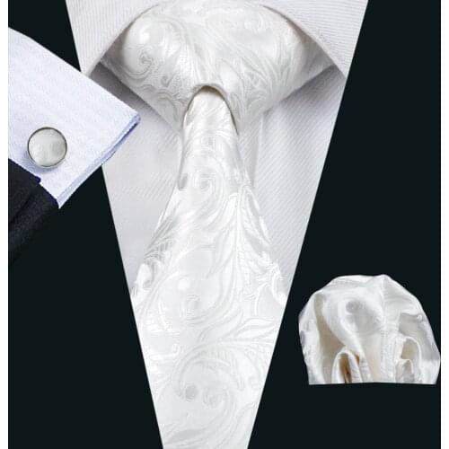 FA-1163 2018 Barry.Wang New Mens Tie Classic White Floral Silk Jacquard Gravata Necktie Hanky Cufflinks Set For Business Wedding