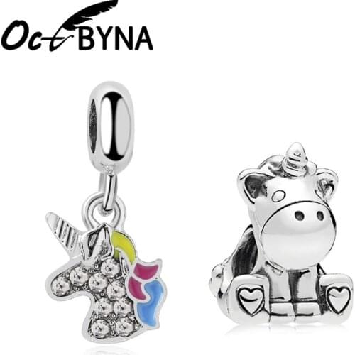 Octbyna Newest Silver Color Cute Unicorn Beads Charm Crystal Pendant Fits Pandora Bracelet&Necklace For Women Jewelry Making