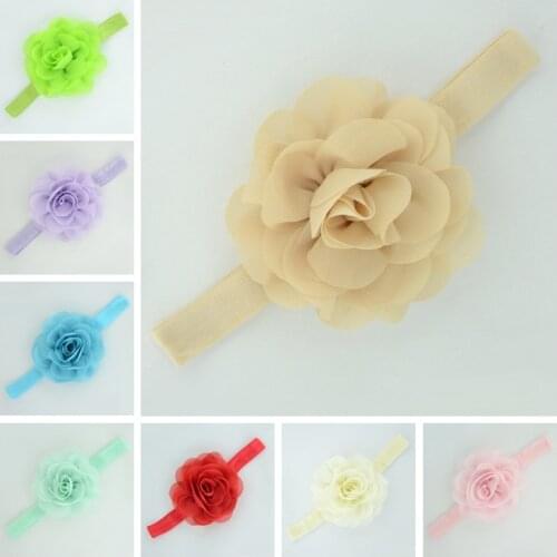 6pcs/lot Infant Solid Color Elastic Headband Fashion Handmade Double Layer Chiffon Rose Flower Hair Bands Baby Girls Headwear