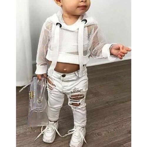 Baby Girls Solid Color Clothes Casual Set Long Sleeve Hollow Out Hooded Coat Sleeveless O-neck Vest Ripped Trousers