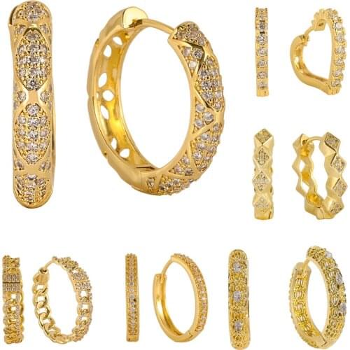 White Crystal Gold Color Hoop Earrings Micro Pave Clear CZ Geometric Safety Pin Earrings With Floating Beads For Women Jewelry