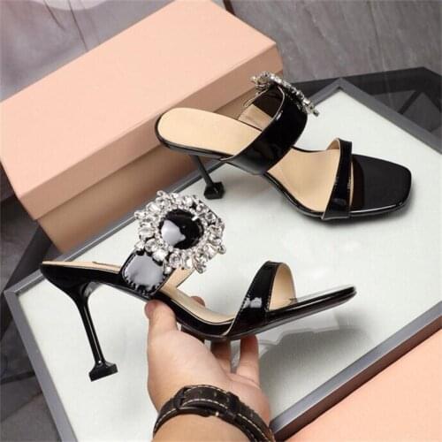 Crystal Slippers Women Rhinestone High Heels Slides Women Summer Stilettos Beach Shoes Woman Patent Leather Chausson Femme