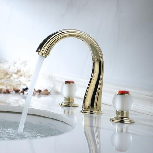Basin Faucets Mixer Brass Polished Gold Bathroom Sink Faucets Deck Mounted Square 3 Hole Double Handle Hot And Cold Water Taps