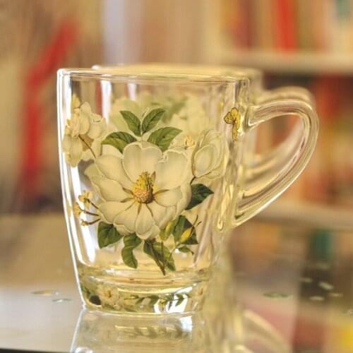 8.5x10cm Lily pattern transparent thickened Heat-resistant glass cup cold water glass juice cup tea cup handle beer cup