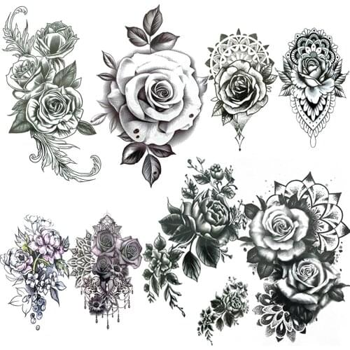 Pencil Sketch Rose Temporary Tattoos Sticker For Women Girls Fake Black Flower Tattoo Beauty Henna Pendants Armband Tattoos Show
