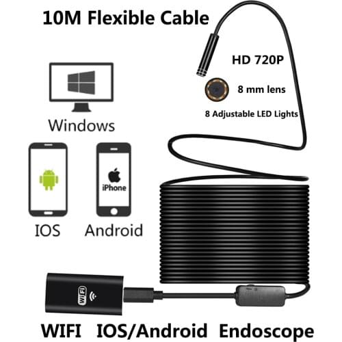Wifi inspection camera 2M/5M/10M 8mm Lens 2MP 720P Soft USB Flexible Wire Android IOS PC 8LED Inspection Endoscope Camera