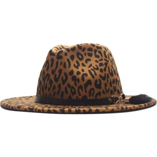 New Leopard Print Fedoras Hat Women Wool Felt Wide Brim Jazz Hat Vintage Classic British Jazz Hat Chapeau Femme