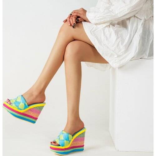 2021 Summer New Platform Wedge Sandals For Womens With lovely ainbow Color Weave Fish Mouth High Heels Shoes