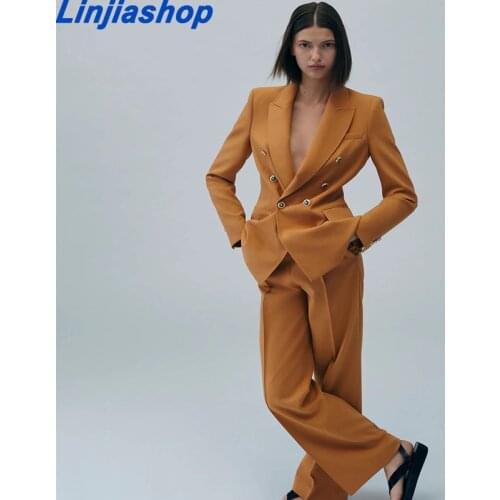 Women Autumn New Fashion Long Double Breasted Blazer Coat Vintage Long Sleeve Pockets Female Outerwear Chic