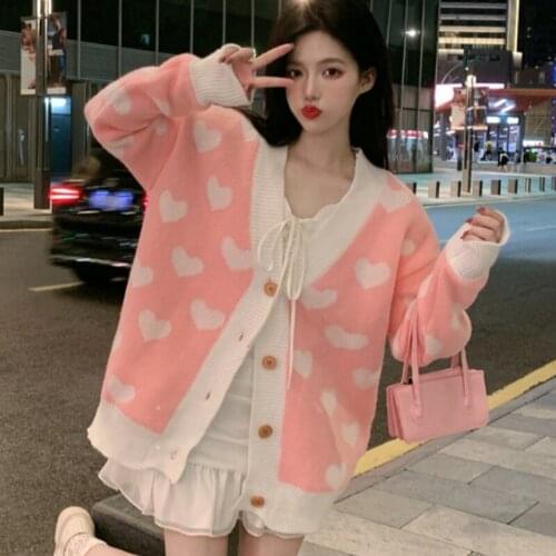 Women cardigan jacket 2021 new Korean fashion elegant sweet V-neck love print design loose single-breasted knit sweater jackets