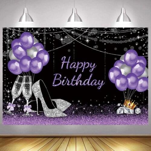 Silve Purple Happy Birthday Party Lady Photo Backdrop Girls Balloon Photography Background Shining Banner Photocall Gift Decor