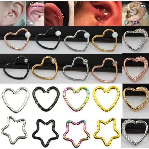 1Pc Daith Heart Star Ear Helix Tragus Cartilage Ring Flat Gem Opal Stone Nose Lip Ring Piercing Earrings Body Jewelry