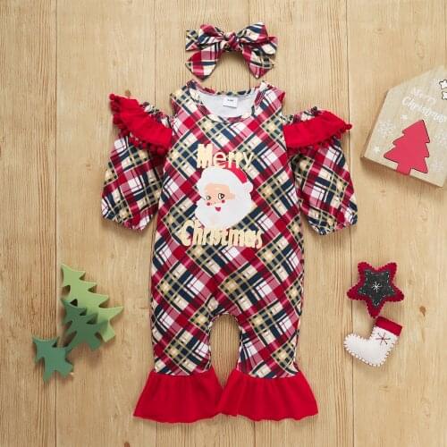 2021 Christmas 2Pcs Baby Girls Clothes Infant Off Shoulder Long Sleeve Santa Print Romper Jumpsuits with Headband Girls Outfits