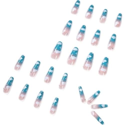 Long Coffin Gradient Fake Nails 24Pcs Press on Blue Clouds False Nail Art Tips with Crystal for Women and Girls