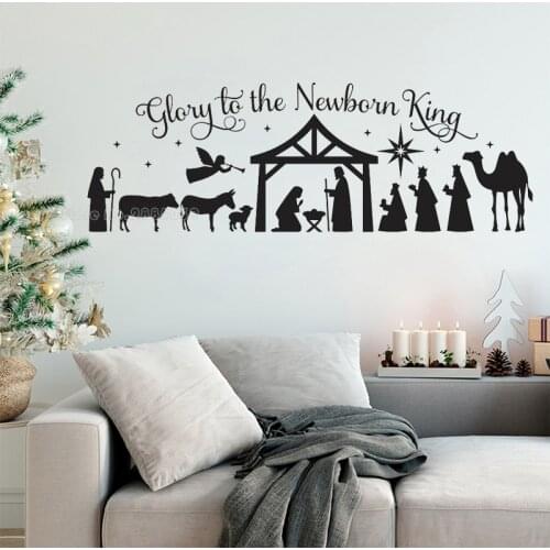Large Christmas Wall Decal Glory To The Newborn King Nativity Scene Vinyl Wall Stickers DIY Christmas Holiday Decoration LL2421