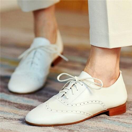 Punk Goth Women Cow Leather Brogue Oxfords Lace Up Round Toe Flats Ballets Comfort Office Elegant Shoes
